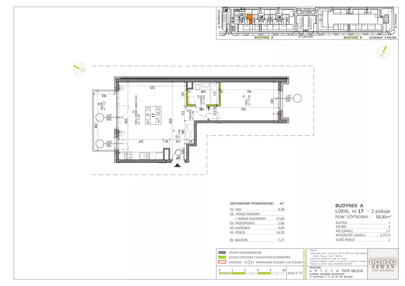 2 pokoje, mieszkanie 52,31 m², piętro 3, oferta nr A.K1.17, Porto Żerań, Warszawa, Białołęka, Żerań, ul. Myśliborska