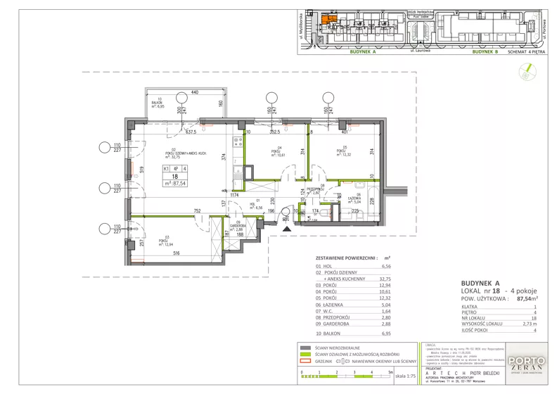 4 pokoje, mieszkanie 87,54 m², piętro 4, oferta nr A.K1.18, Porto Żerań, Warszawa, Białołęka, Żerań, ul. Myśliborska