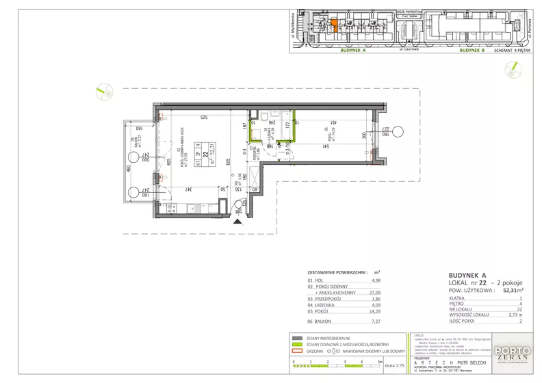 2 pokoje, mieszkanie 52,31 m², piętro 4, oferta nr A.K1.22, Porto Żerań, Warszawa, Białołęka, Żerań, ul. Myśliborska