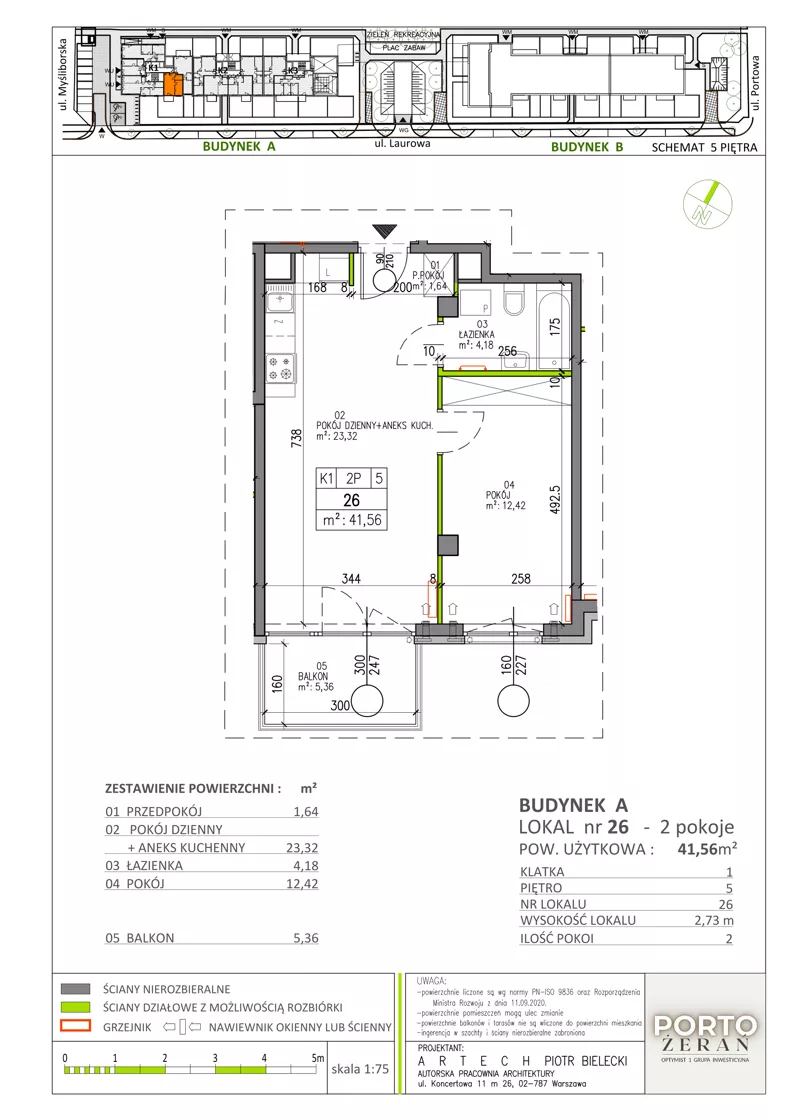2 pokoje, mieszkanie 41,63 m², piętro 5, oferta nr A.K1.26, Porto Żerań, Warszawa, Białołęka, Żerań, ul. Myśliborska