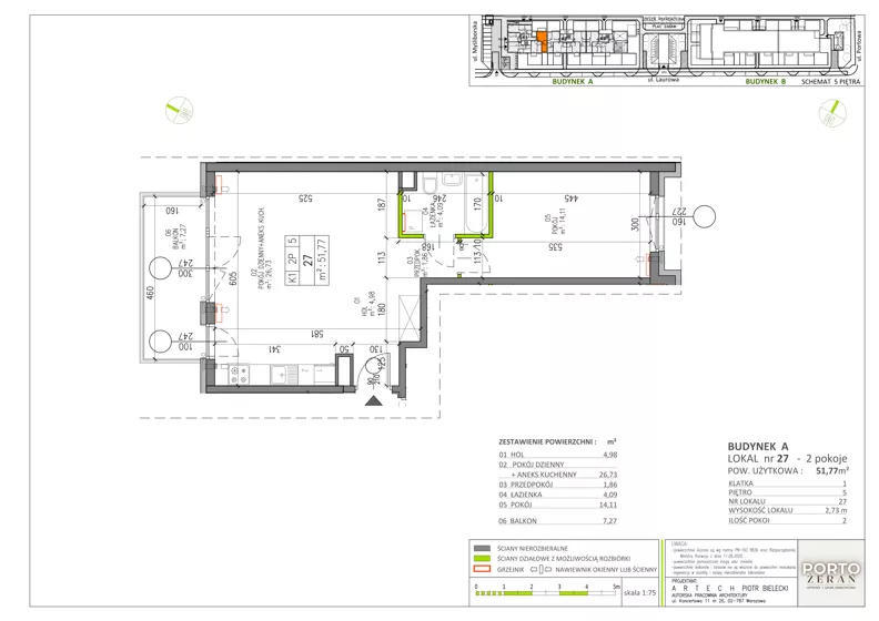 2 pokoje, mieszkanie 51,77 m², piętro 5, oferta nr A.K1.27, Porto Żerań, Warszawa, Białołęka, Żerań, ul. Myśliborska