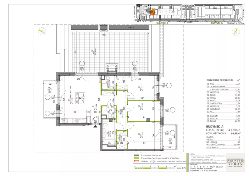 4 pokoje, mieszkanie 93,46 m², piętro 6, oferta nr A.K1.30, Porto Żerań, Warszawa, Białołęka, Żerań, ul. Myśliborska