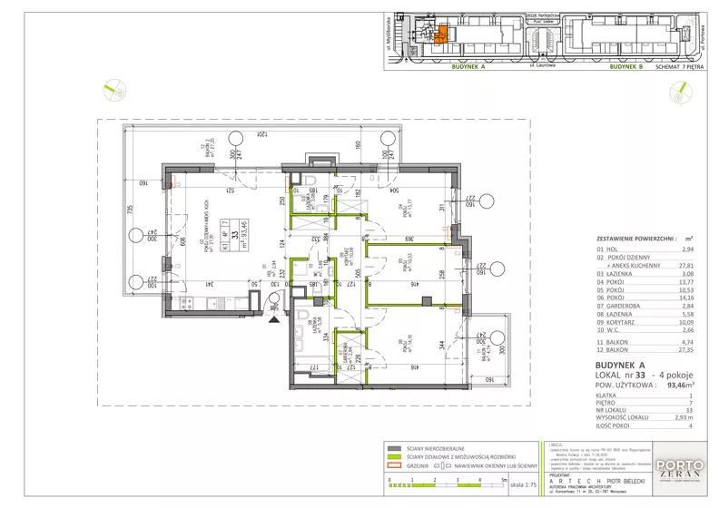 4 pokoje, mieszkanie 93,46 m², piętro 7, oferta nr A.K1.33, Porto Żerań, Warszawa, Białołęka, Żerań, ul. Myśliborska