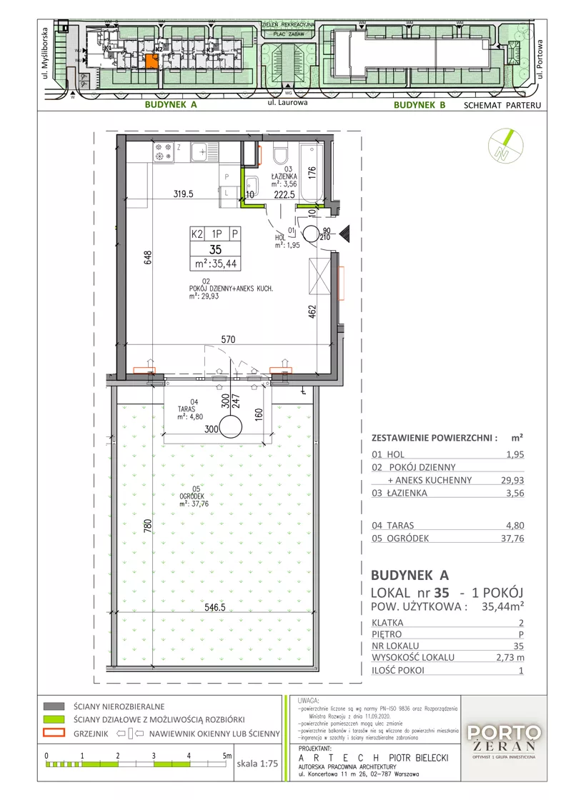 1 pokój, mieszkanie 35,44 m², parter, oferta nr A.K2.35, Porto Żerań, Warszawa, Białołęka, Żerań, ul. Myśliborska