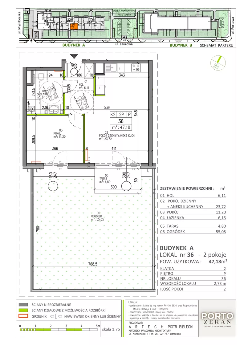 2 pokoje, mieszkanie 47,18 m², parter, oferta nr A.K2.36, Porto Żerań, Warszawa, Białołęka, Żerań, ul. Myśliborska