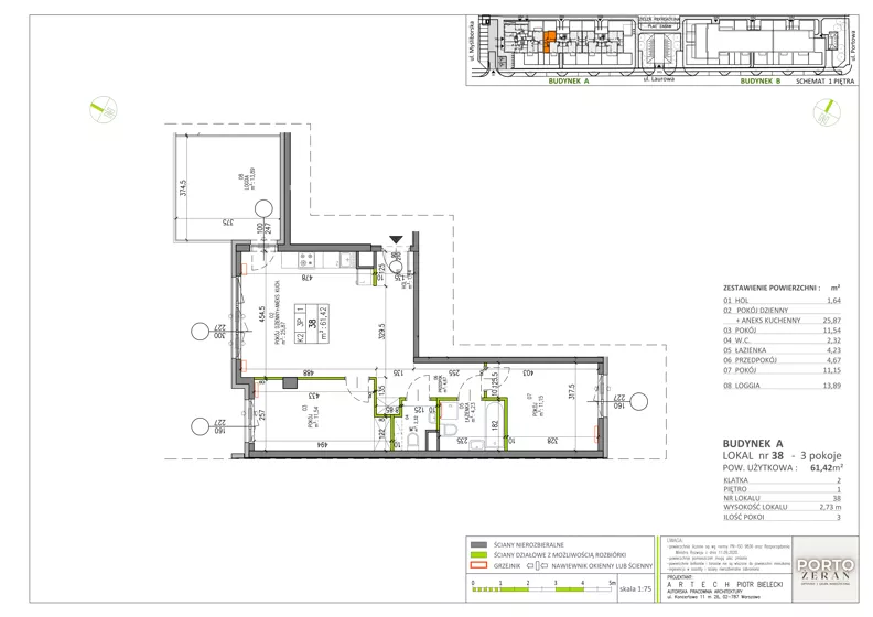 3 pokoje, mieszkanie 61,42 m², piętro 1, oferta nr A.K2.38, Porto Żerań, Warszawa, Białołęka, Żerań, ul. Myśliborska