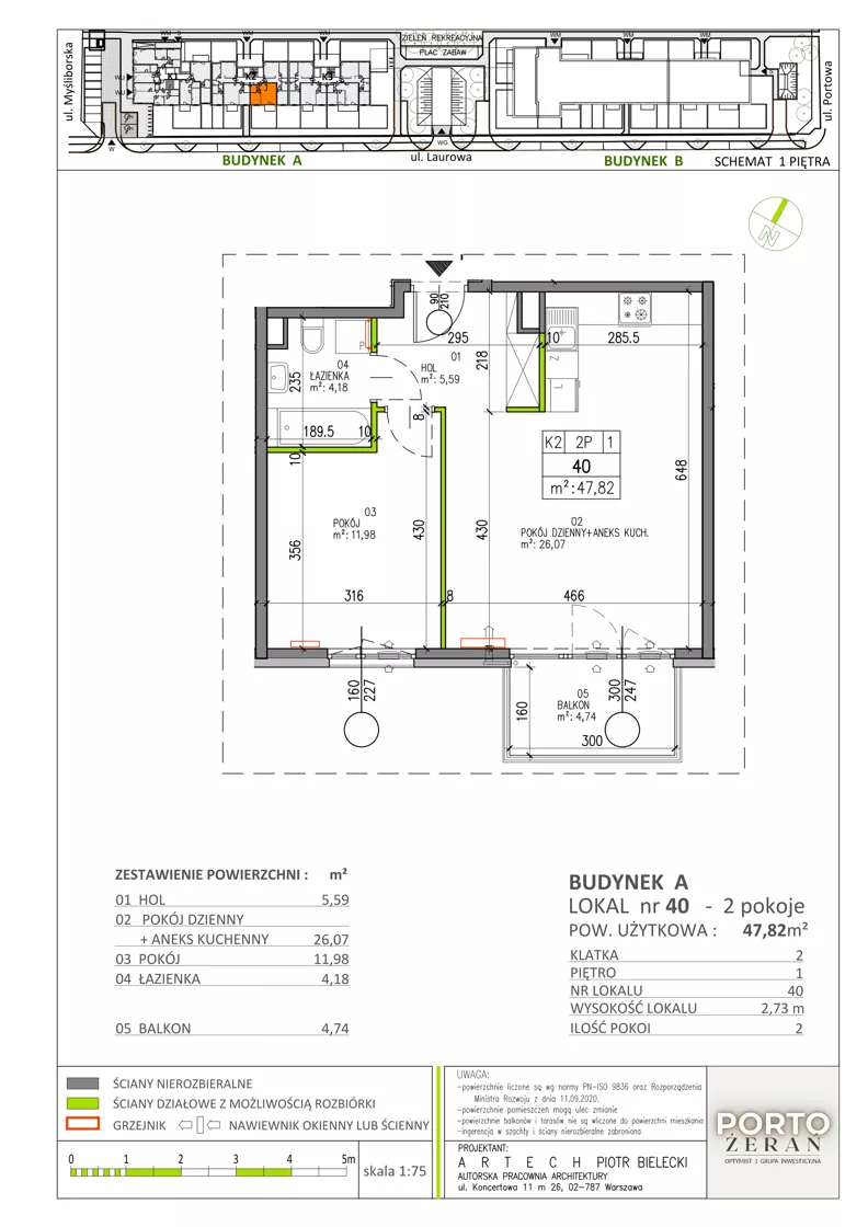 2 pokoje, mieszkanie 47,82 m², piętro 1, oferta nr A.K2.40, Porto Żerań, Warszawa, Białołęka, Żerań, ul. Myśliborska