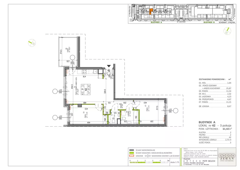 3 pokoje, mieszkanie 61,42 m², piętro 2, oferta nr A.K2.42, Porto Żerań, Warszawa, Białołęka, Żerań, ul. Myśliborska