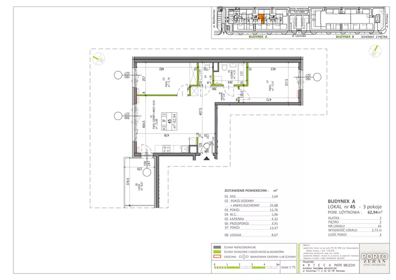 3 pokoje, mieszkanie 62,94 m², piętro 2, oferta nr A.K2.45, Porto Żerań, Warszawa, Białołęka, Żerań, ul. Myśliborska