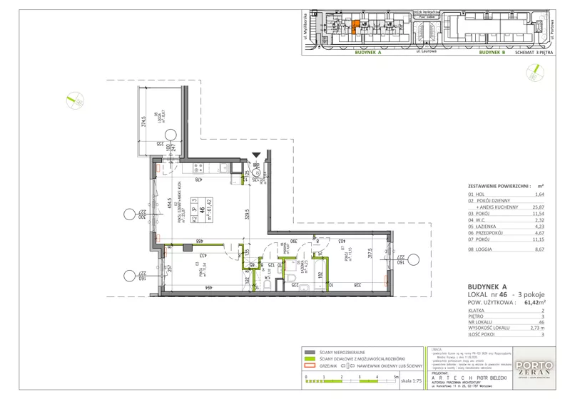 3 pokoje, mieszkanie 61,42 m², piętro 3, oferta nr A.K2.46, Porto Żerań, Warszawa, Białołęka, Żerań, ul. Myśliborska