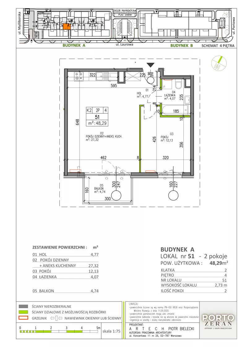 2 pokoje, mieszkanie 48,29 m², piętro 4, oferta nr A.K2.51, Porto Żerań, Warszawa, Białołęka, Żerań, ul. Myśliborska