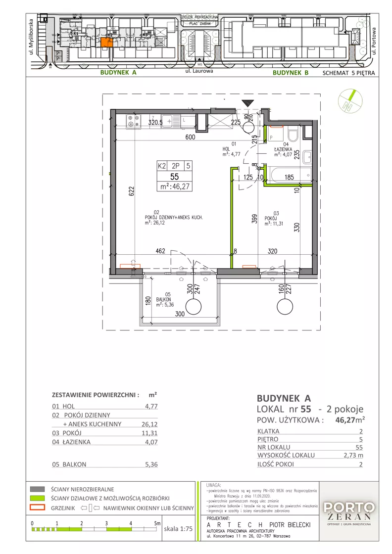 2 pokoje, mieszkanie 46,27 m², piętro 5, oferta nr A.K2.55, Porto Żerań, Warszawa, Białołęka, Żerań, ul. Myśliborska