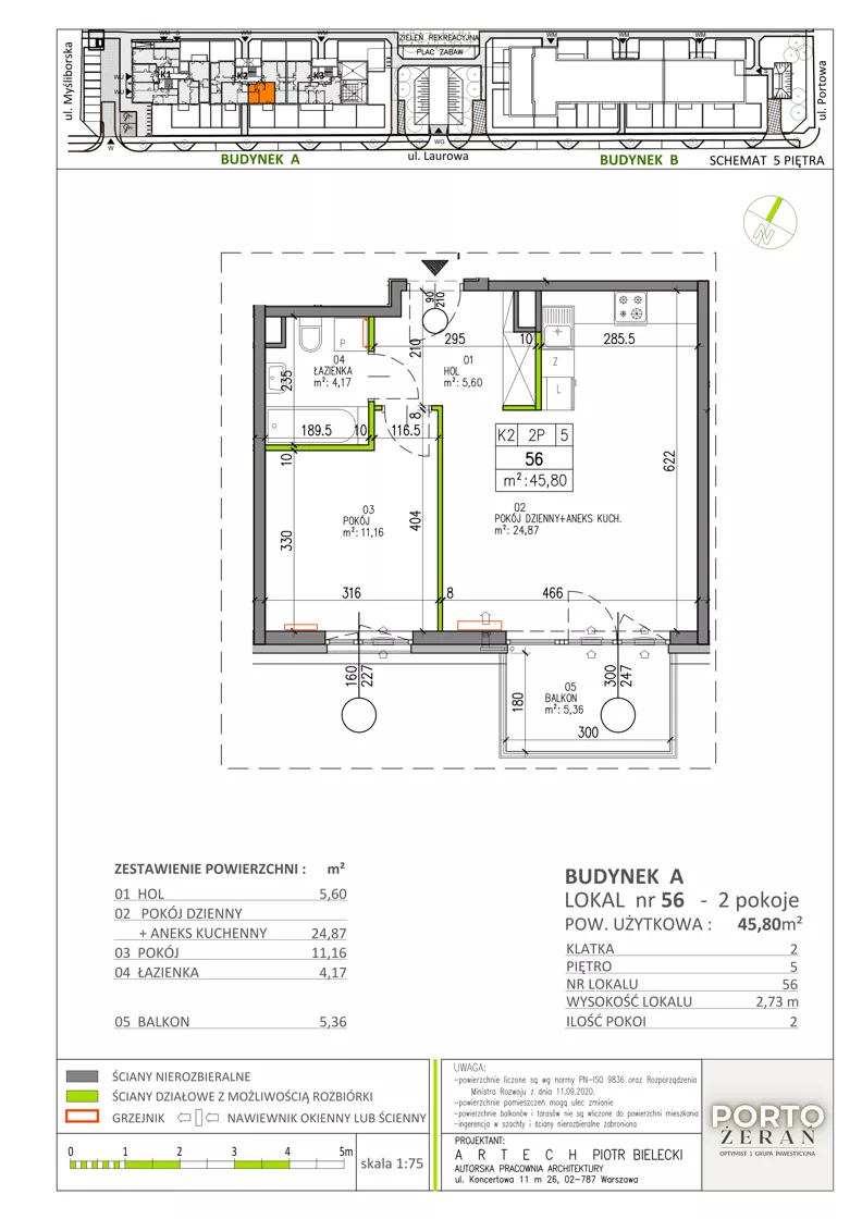 2 pokoje, mieszkanie 45,80 m², piętro 5, oferta nr A.K2.56, Porto Żerań, Warszawa, Białołęka, Żerań, ul. Myśliborska