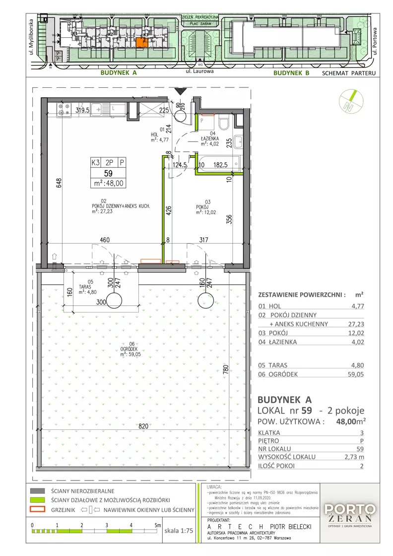 2 pokoje, mieszkanie 48,00 m², parter, oferta nr A.K3.59, Porto Żerań, Warszawa, Białołęka, Żerań, ul. Myśliborska