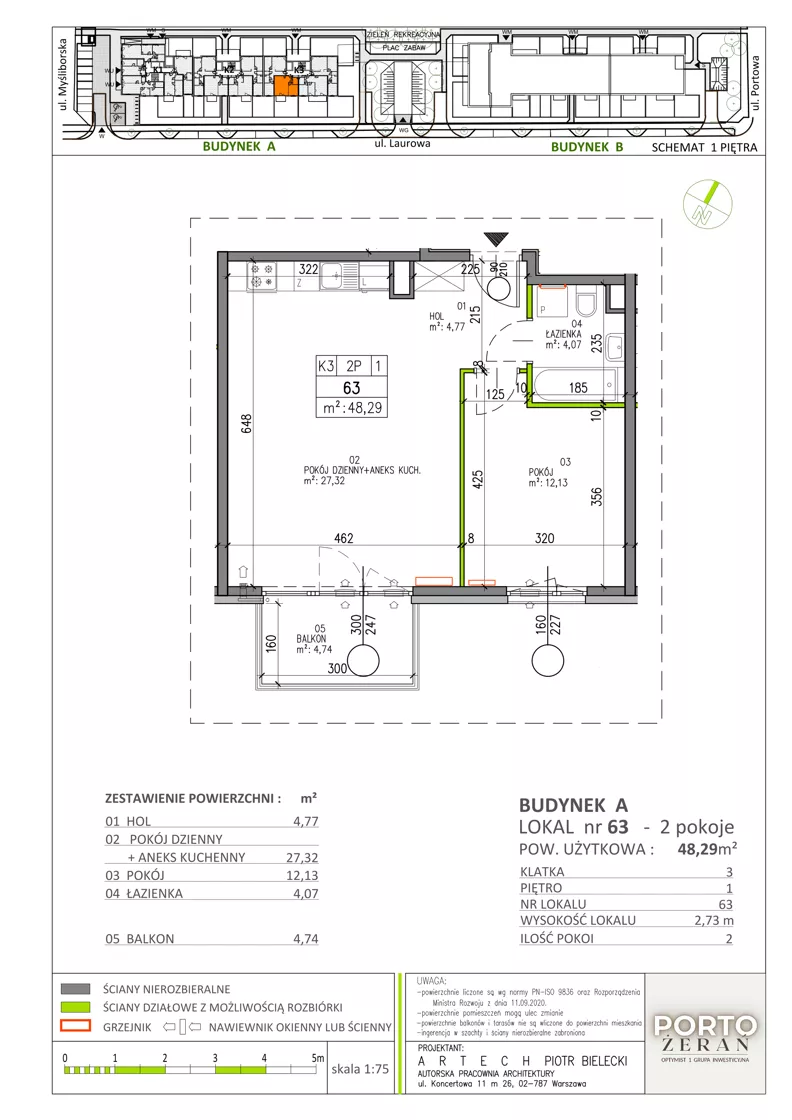 2 pokoje, mieszkanie 48,29 m², piętro 1, oferta nr A.K3.63, Porto Żerań, Warszawa, Białołęka, Żerań, ul. Myśliborska