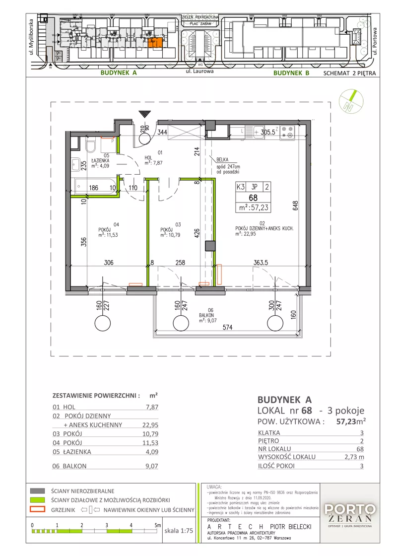 3 pokoje, mieszkanie 57,23 m², piętro 2, oferta nr A.K3.68, Porto Żerań, Warszawa, Białołęka, Żerań, ul. Myśliborska