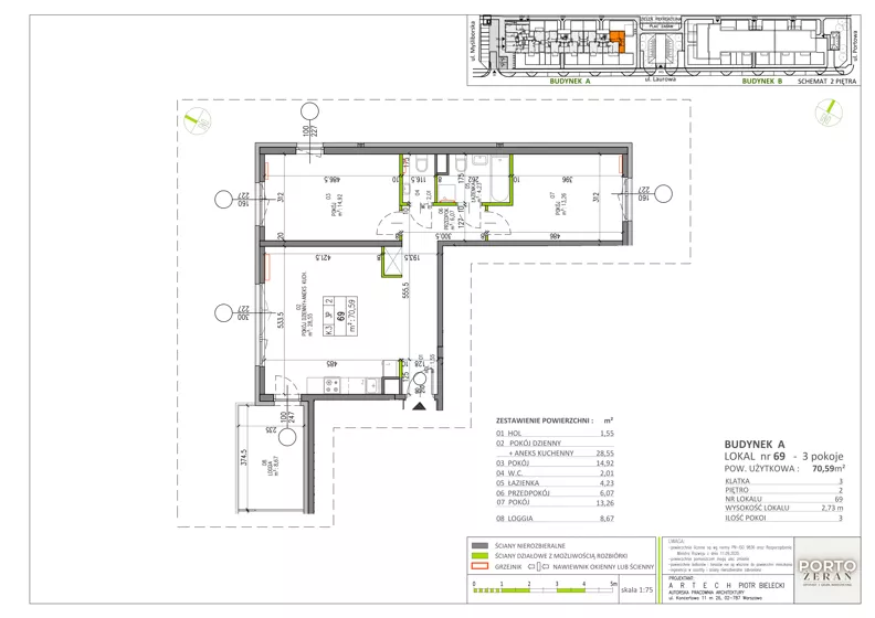 3 pokoje, mieszkanie 70,59 m², piętro 2, oferta nr A.K3.69, Porto Żerań, Warszawa, Białołęka, Żerań, ul. Myśliborska