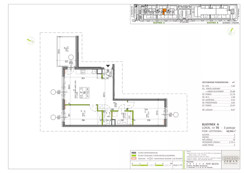 3 pokoje, mieszkanie 62,94 m², piętro 3, oferta nr A.K3.70, Porto Żerań, Warszawa, Białołęka, Żerań, ul. Myśliborska