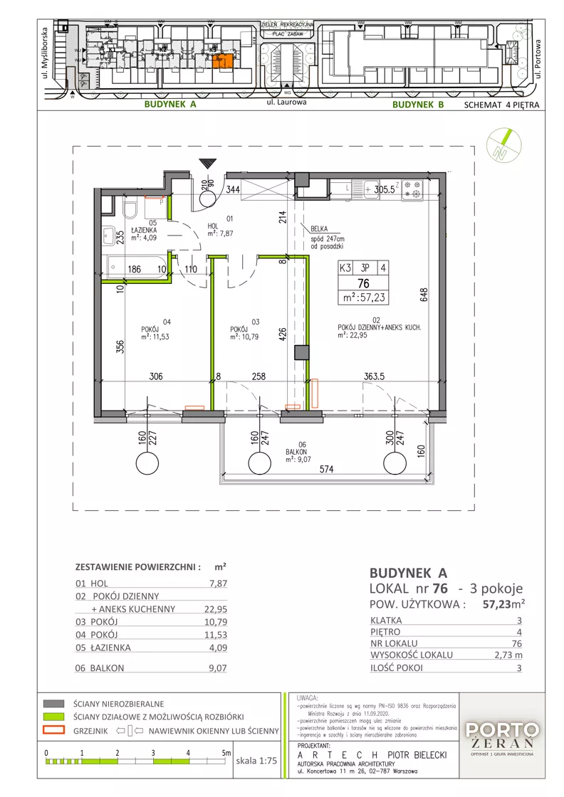 3 pokoje, mieszkanie 57,23 m², piętro 4, oferta nr A.K3.76, Porto Żerań, Warszawa, Białołęka, Żerań, ul. Myśliborska