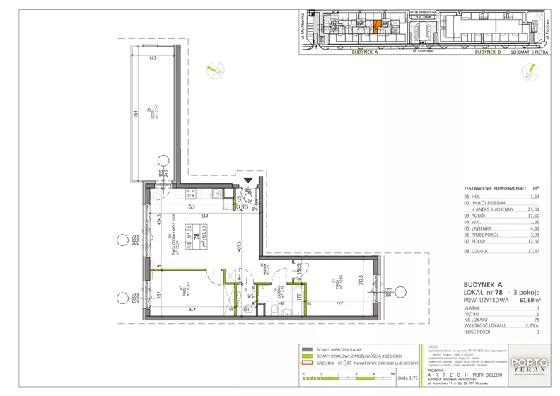 3 pokoje, mieszkanie 61,69 m², piętro 5, oferta nr A.K3.78, Porto Żerań, Warszawa, Białołęka, Żerań, ul. Myśliborska