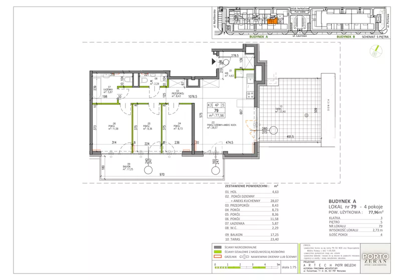 4 pokoje, mieszkanie 77,96 m², piętro 5, oferta nr A.K3.79, Porto Żerań, Warszawa, Białołęka, Żerań, ul. Myśliborska