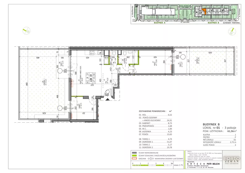 3 pokoje, mieszkanie 61,56 m², parter, oferta nr B.K1.01, Porto Żerań, Warszawa, Białołęka, Żerań, ul. Myśliborska