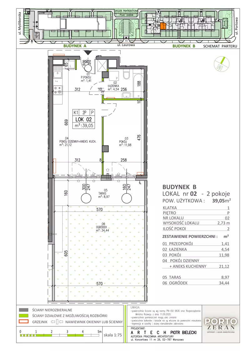 2 pokoje, mieszkanie 39,05 m², parter, oferta nr B.K1.02, Porto Żerań, Warszawa, Białołęka, Żerań, ul. Myśliborska