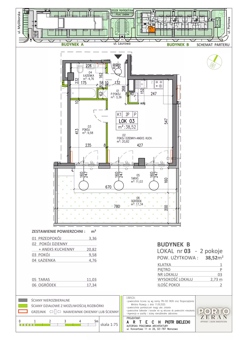 2 pokoje, mieszkanie 38,52 m², parter, oferta nr B.K1.03, Porto Żerań, Warszawa, Białołęka, Żerań, ul. Myśliborska