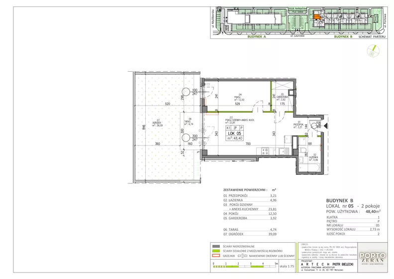 2 pokoje, mieszkanie 48,40 m², parter, oferta nr B.K1.05, Porto Żerań, Warszawa, Białołęka, Żerań, ul. Myśliborska