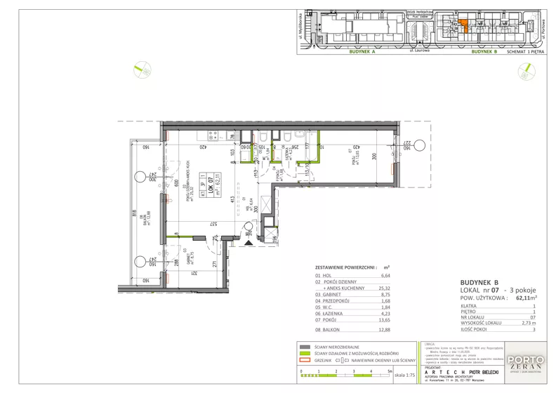 2 pokoje, mieszkanie 62,11 m², piętro 1, oferta nr B.K1.07, Porto Żerań, Warszawa, Białołęka, Żerań, ul. Myśliborska