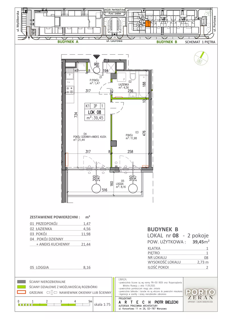 2 pokoje, mieszkanie 39,45 m², piętro 1, oferta nr B.K1.08, Porto Żerań, Warszawa, Białołęka, Żerań, ul. Myśliborska