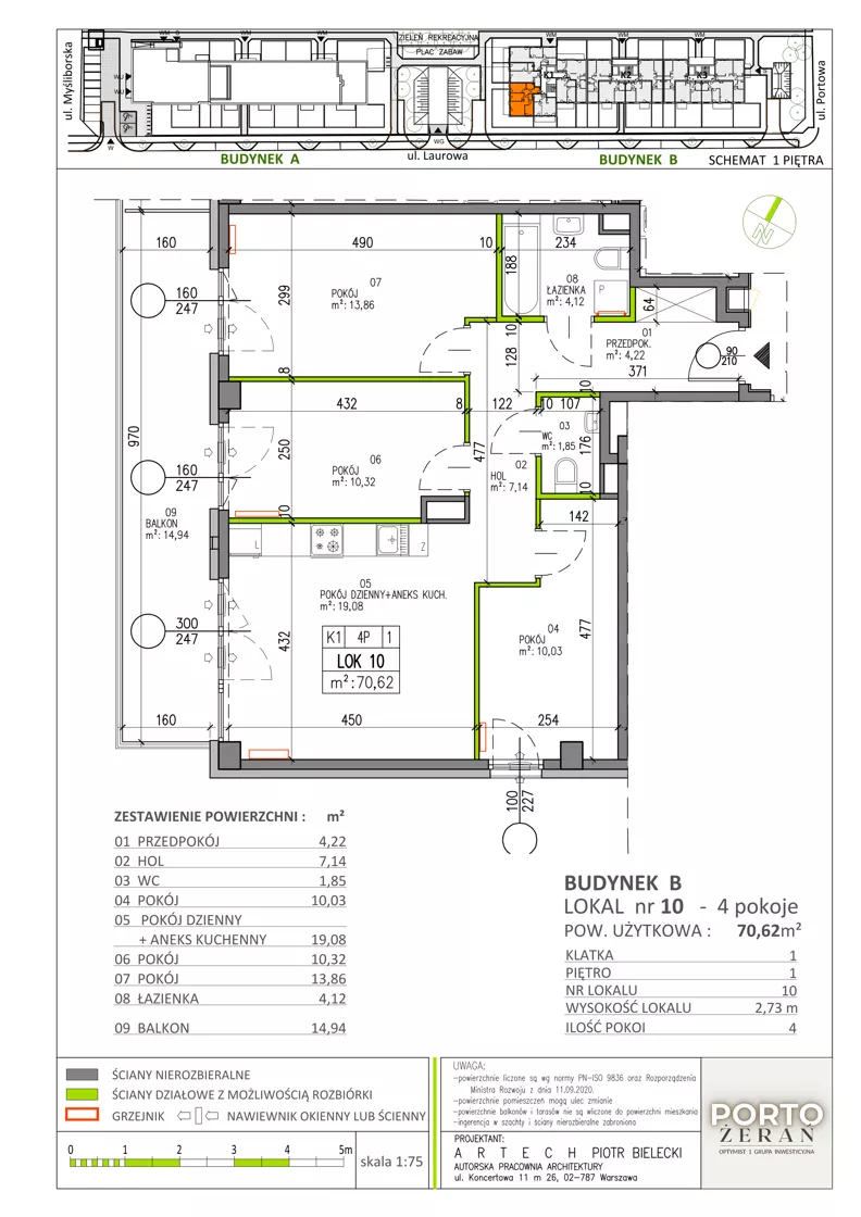 4 pokoje, mieszkanie 70,62 m², piętro 1, oferta nr B.K1.10, Porto Żerań, Warszawa, Białołęka, Żerań, ul. Myśliborska
