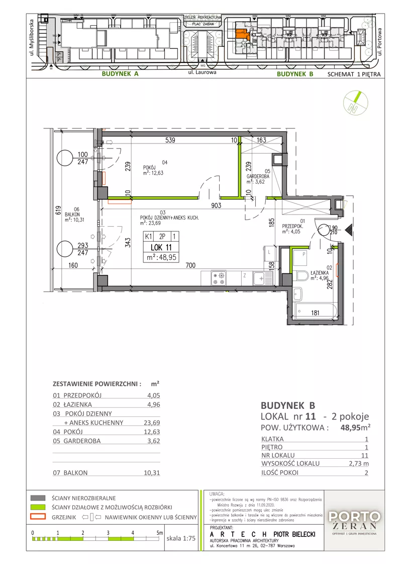 2 pokoje, mieszkanie 48,95 m², piętro 1, oferta nr B.K1.11, Porto Żerań, Warszawa, Białołęka, Żerań, ul. Myśliborska
