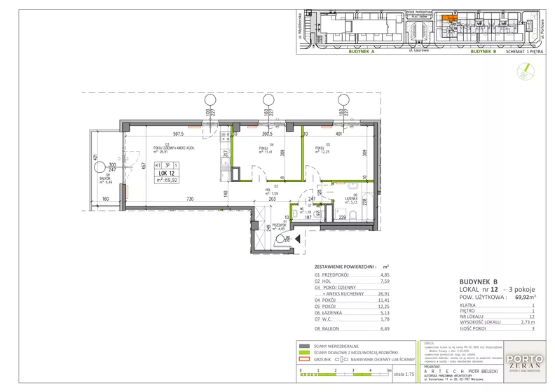 3 pokoje, mieszkanie 69,92 m², piętro 1, oferta nr B.K1.12, Porto Żerań, Warszawa, Białołęka, Żerań, ul. Myśliborska
