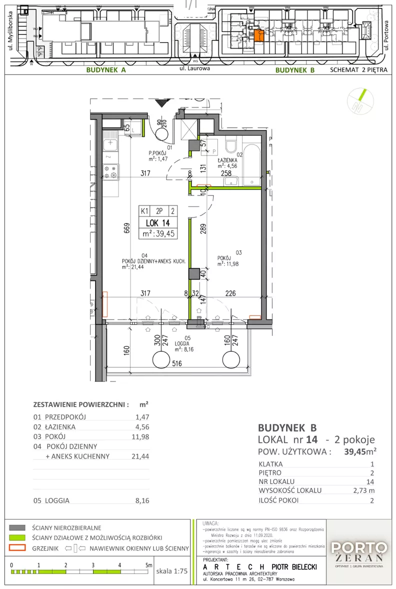 2 pokoje, mieszkanie 39,45 m², piętro 2, oferta nr B.K1.14, Porto Żerań, Warszawa, Białołęka, Żerań, ul. Myśliborska