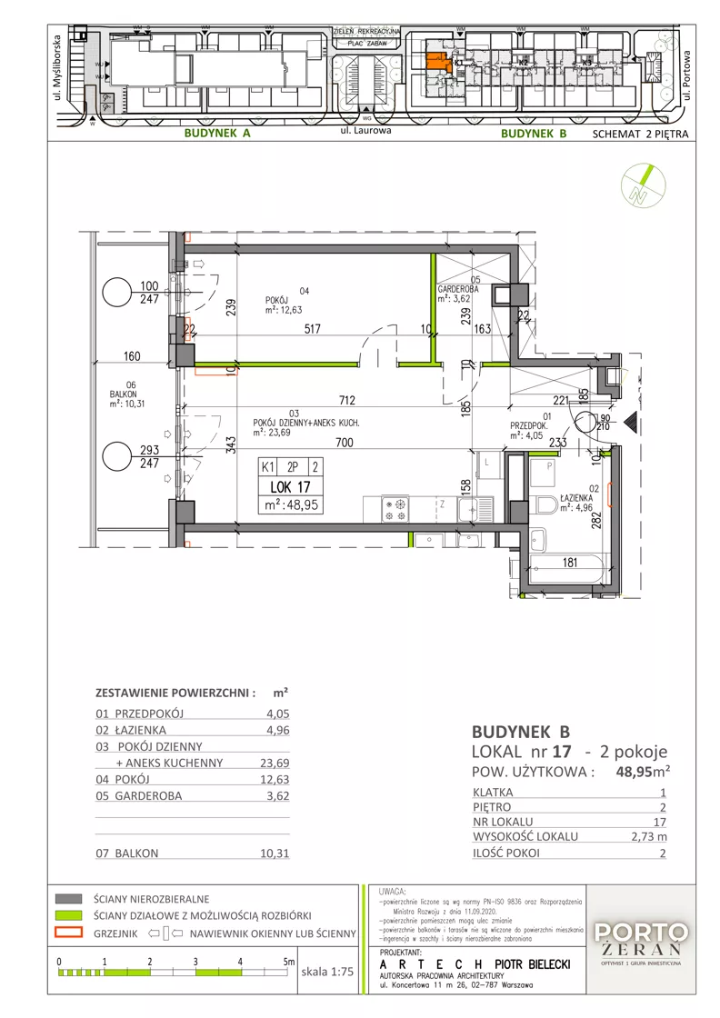 2 pokoje, mieszkanie 48,95 m², piętro 2, oferta nr B.K1.17, Porto Żerań, Warszawa, Białołęka, Żerań, ul. Myśliborska