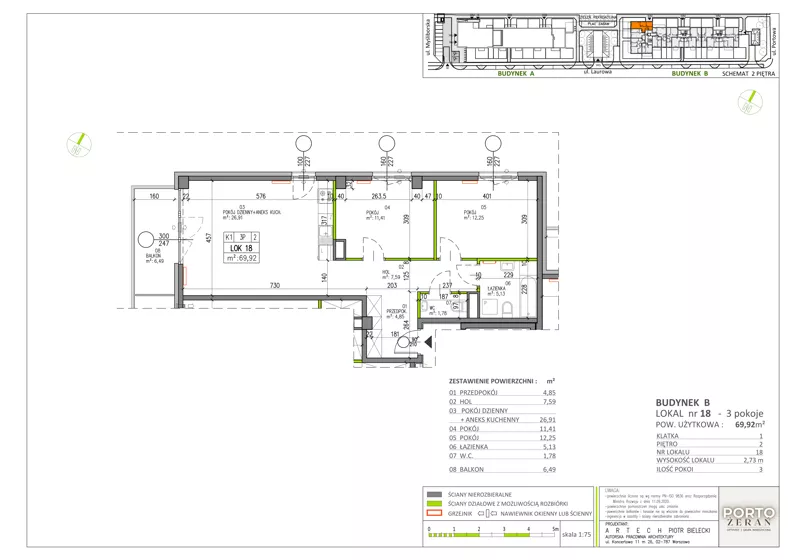 3 pokoje, mieszkanie 69,92 m², piętro 2, oferta nr B.K1.18, Porto Żerań, Warszawa, Białołęka, Żerań, ul. Myśliborska
