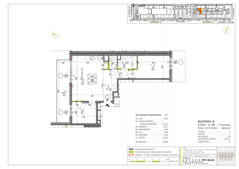 3 pokoje, mieszkanie 62,11 m², piętro 3, oferta nr B.K1.19, Porto Żerań, Warszawa, Białołęka, Żerań, ul. Myśliborska