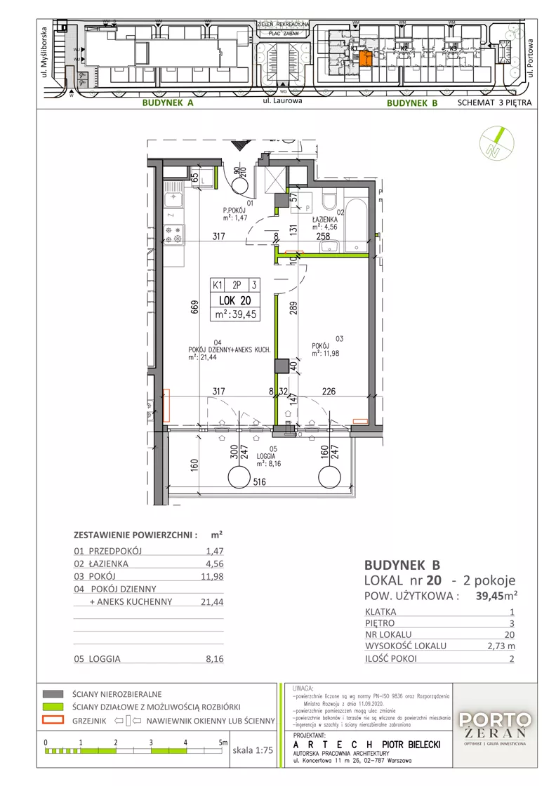 2 pokoje, mieszkanie 39,45 m², piętro 3, oferta nr B.K1.20, Porto Żerań, Warszawa, Białołęka, Żerań, ul. Myśliborska
