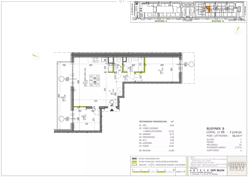 3 pokoje, mieszkanie 62,11 m², piętro 4, oferta nr B.K1.25, Porto Żerań, Warszawa, Białołęka, Żerań, ul. Myśliborska