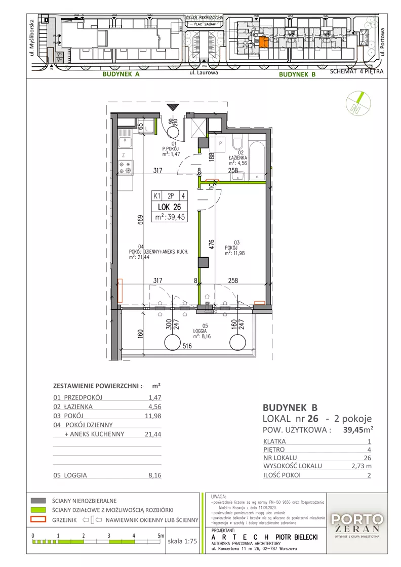 2 pokoje, mieszkanie 39,45 m², piętro 4, oferta nr B.K1.26, Porto Żerań, Warszawa, Białołęka, Żerań, ul. Myśliborska