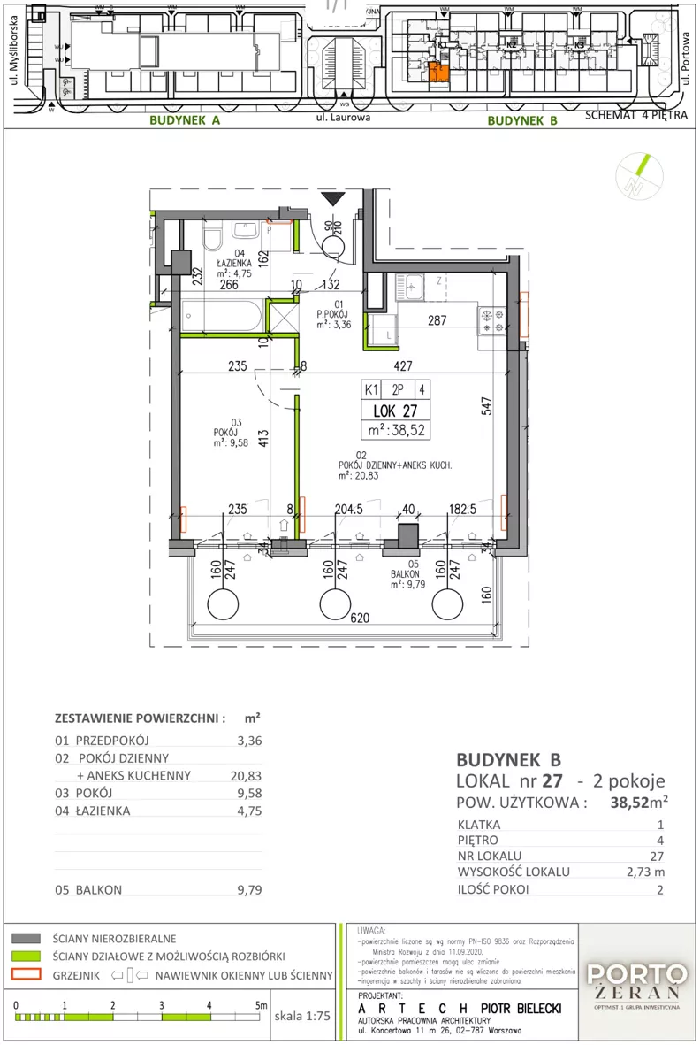 2 pokoje, mieszkanie 38,52 m², piętro 4, oferta nr B.K1.27, Porto Żerań, Warszawa, Białołęka, Żerań, ul. Myśliborska