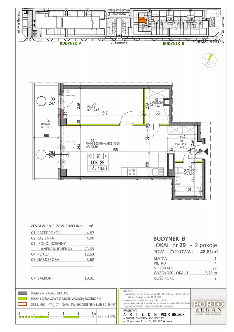 2 pokoje, mieszkanie 48,81 m², piętro 4, oferta nr B.K1.29, Porto Żerań, Warszawa, Białołęka, Żerań, ul. Myśliborska