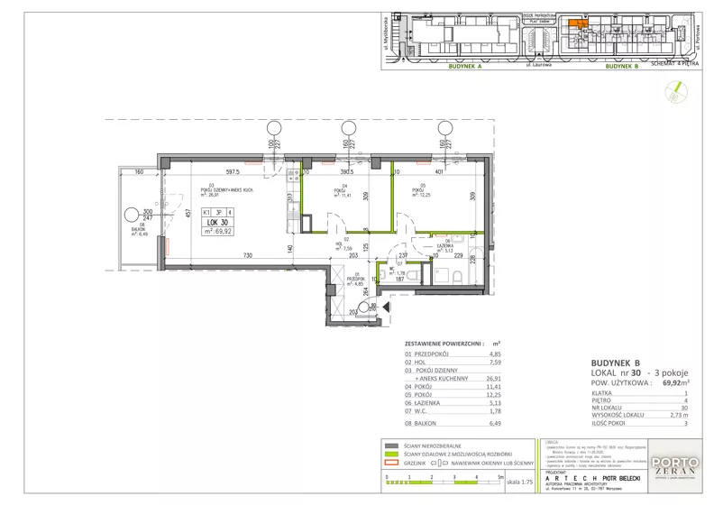 3 pokoje, mieszkanie 69,92 m², piętro 4, oferta nr B.K1.30, Porto Żerań, Warszawa, Białołęka, Żerań, ul. Myśliborska