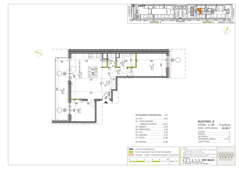 3 pokoje, mieszkanie 60,88 m², piętro 5, oferta nr B.K1.31, Porto Żerań, Warszawa, Białołęka, Żerań, ul. Myśliborska