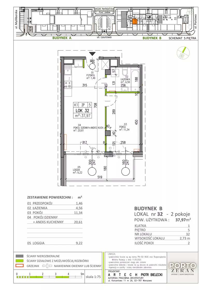 2 pokoje, mieszkanie 37,97 m², piętro 5, oferta nr B.K1.32, Porto Żerań, Warszawa, Białołęka, Żerań, ul. Myśliborska