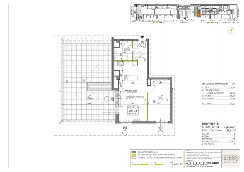 2 pokoje, mieszkanie 53,83 m², piętro 5, oferta nr B.K1.33, Porto Żerań, Warszawa, Białołęka, Żerań, ul. Myśliborska
