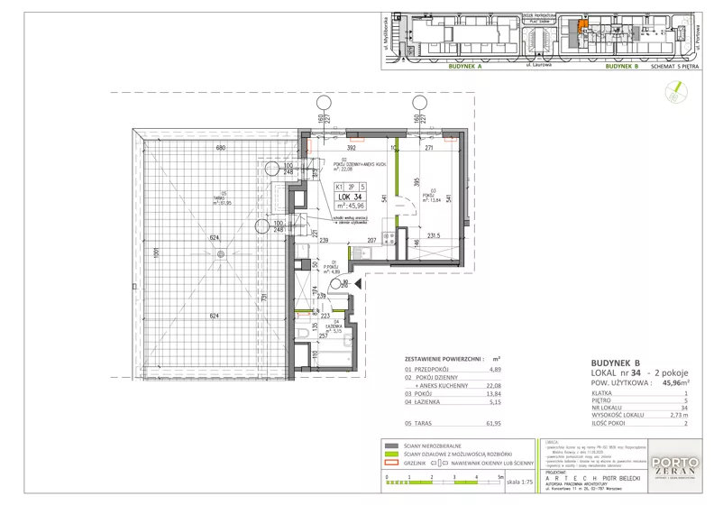 2 pokoje, mieszkanie 45,96 m², piętro 5, oferta nr B.K1.34, Porto Żerań, Warszawa, Białołęka, Żerań, ul. Myśliborska