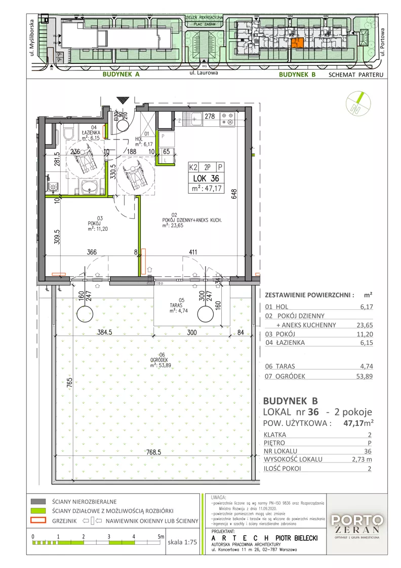 2 pokoje, mieszkanie 47,17 m², parter, oferta nr B.K2.36, Porto Żerań, Warszawa, Białołęka, Żerań, ul. Myśliborska