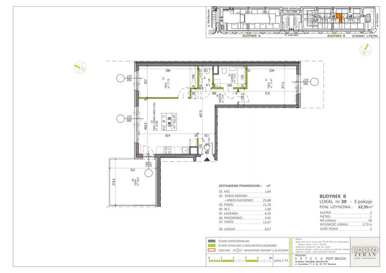 3 pokoje, mieszkanie 62,95 m², piętro 1, oferta nr B.K2.39, Porto Żerań, Warszawa, Białołęka, Żerań, ul. Myśliborska